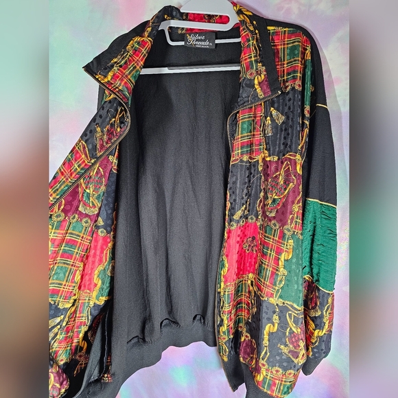 Silver Threads Baroque Windbreaker Full Zip Oversized Plaid Patch Jacket Size XL - Picture 7 of 10